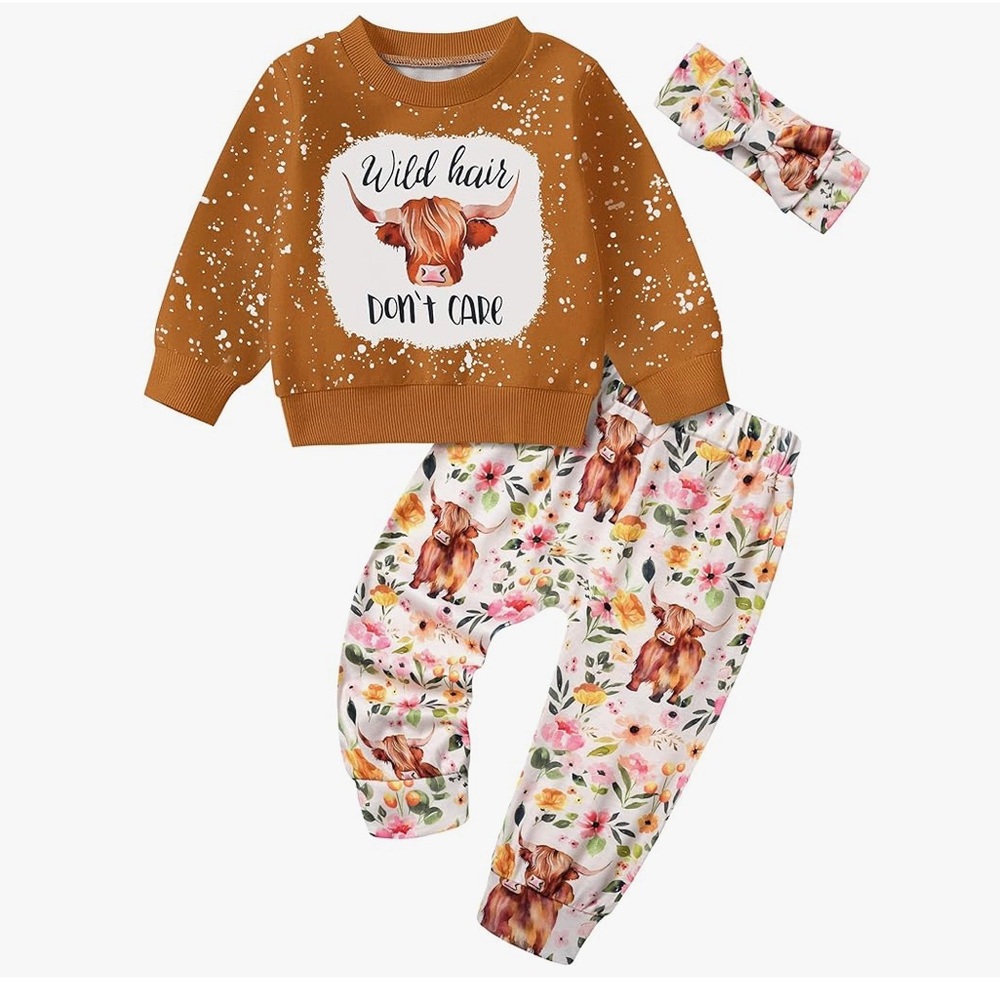 Girls Western Cow girl Set Wild Hair Don't Care Sweatshirt Floral Pants